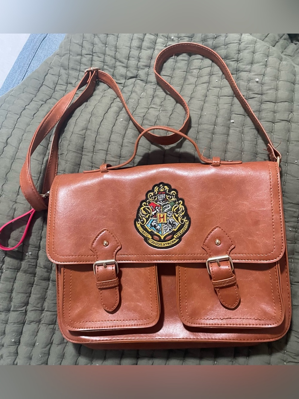 Tan Faux-Leather Satchel Shoulder Bag with Crest Patch